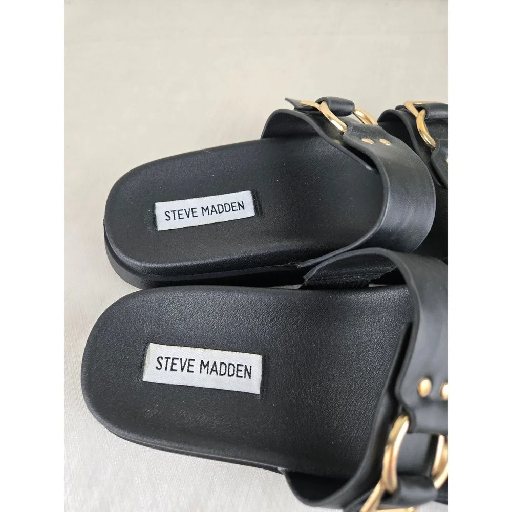 Steve Madden Hanni Black Platform Slide Sandals Gold Buckle Womens 8.5M - Picture 3 of 12